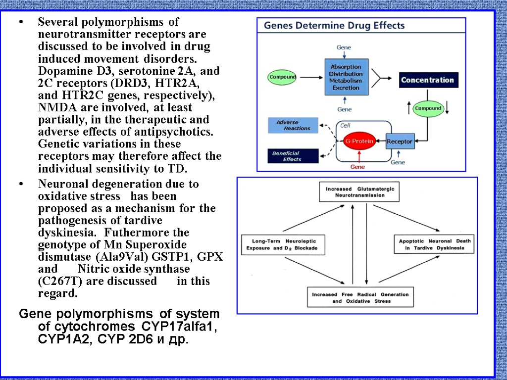 Several polymorphisms of neurotransmitter receptors are discussed to be involved in drug induced movement